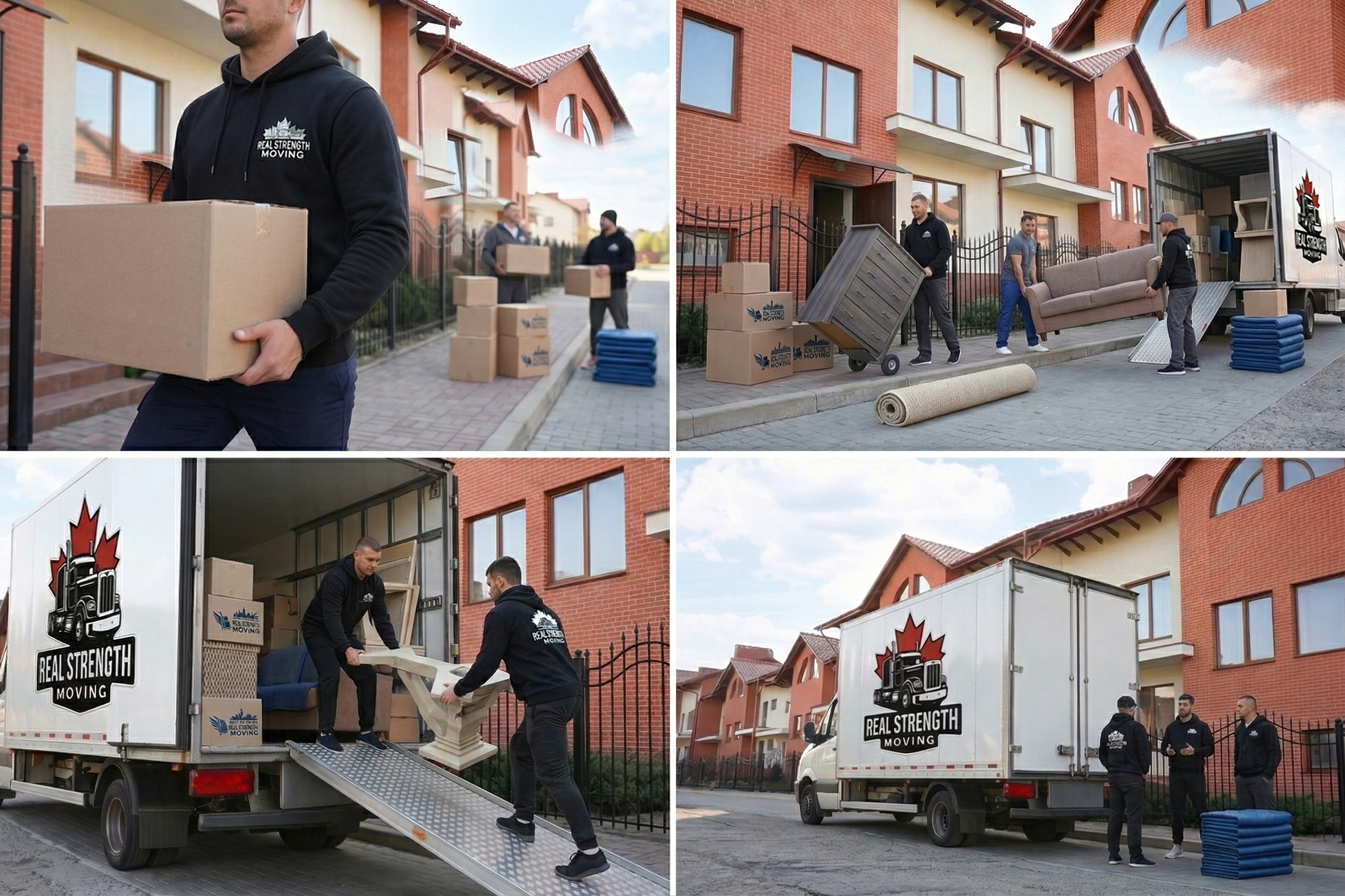Real Strength Moving crew loading furniture, carrying boxes, and working at a residential move